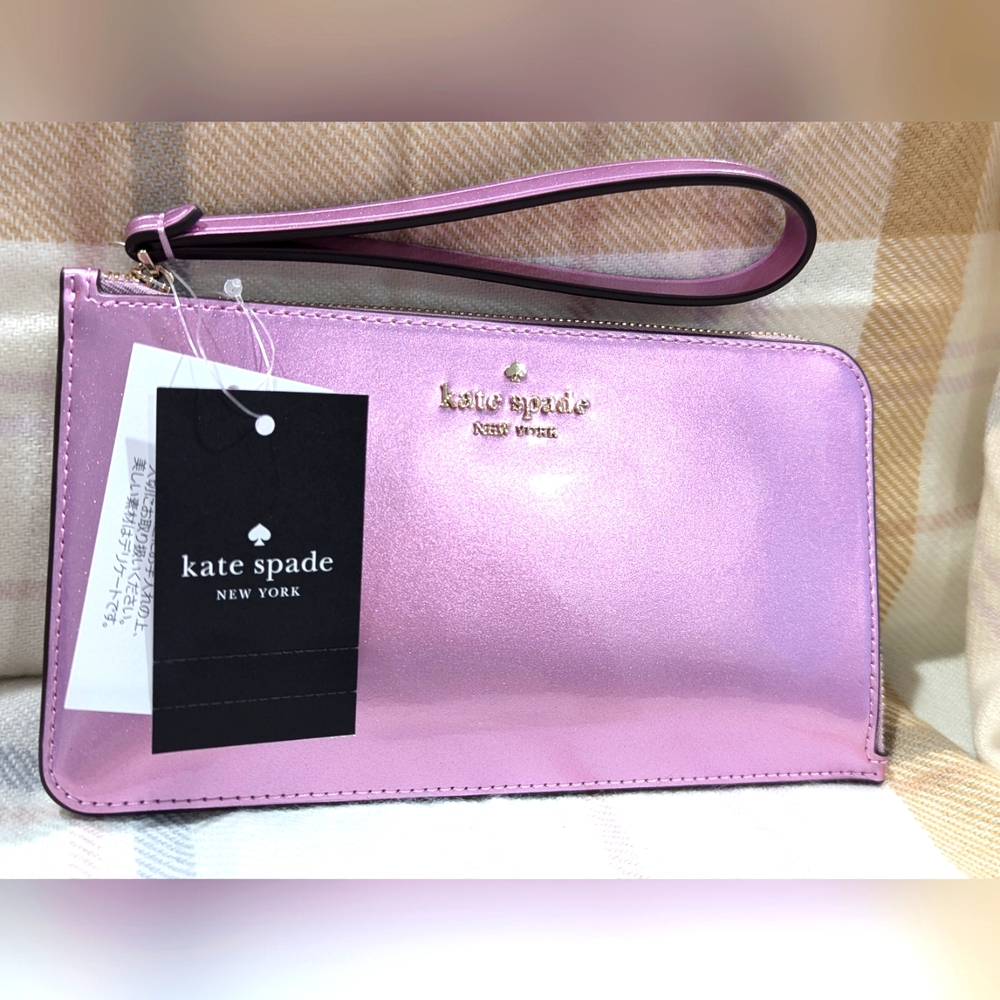 🆕KATE SPADE Lucy Medium Wristlet Metallic Quartz Pink